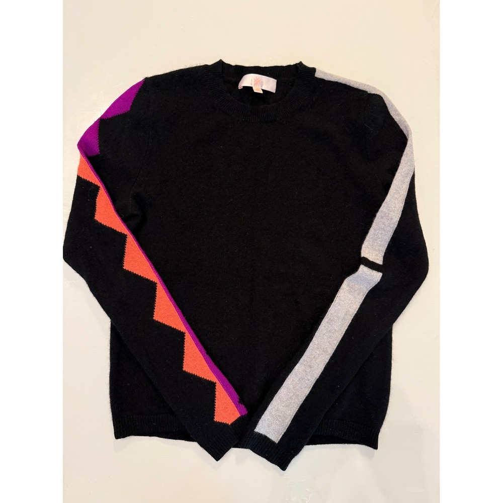 Lisa Todd 100% Cashmere Sweater Womens XS Black Zigzag Stripe Crewneck Pullover